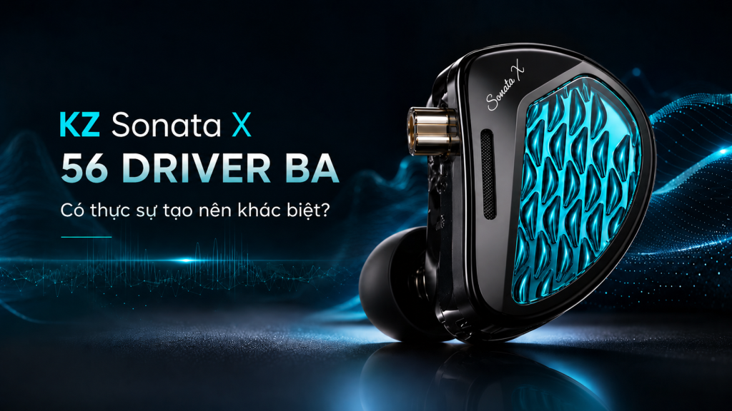Hình nền KZ Sonata X với thiết kế tai nghe IEM cao cấp và tiêu đề 56 Driver BA nổi bật