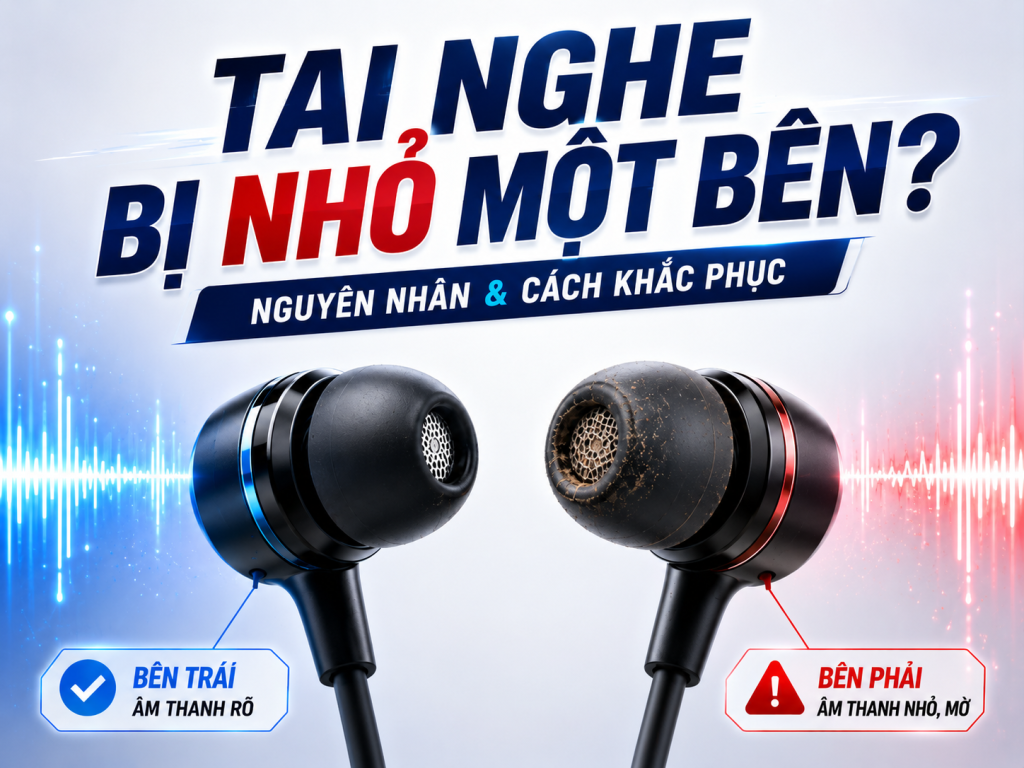 Hình minh họa tai nghe bị nhỏ một bên, bên trái phát âm thanh rõ còn bên phải nghe nhỏ và mờ do bụi bẩn hoặc lỗi kết nối.