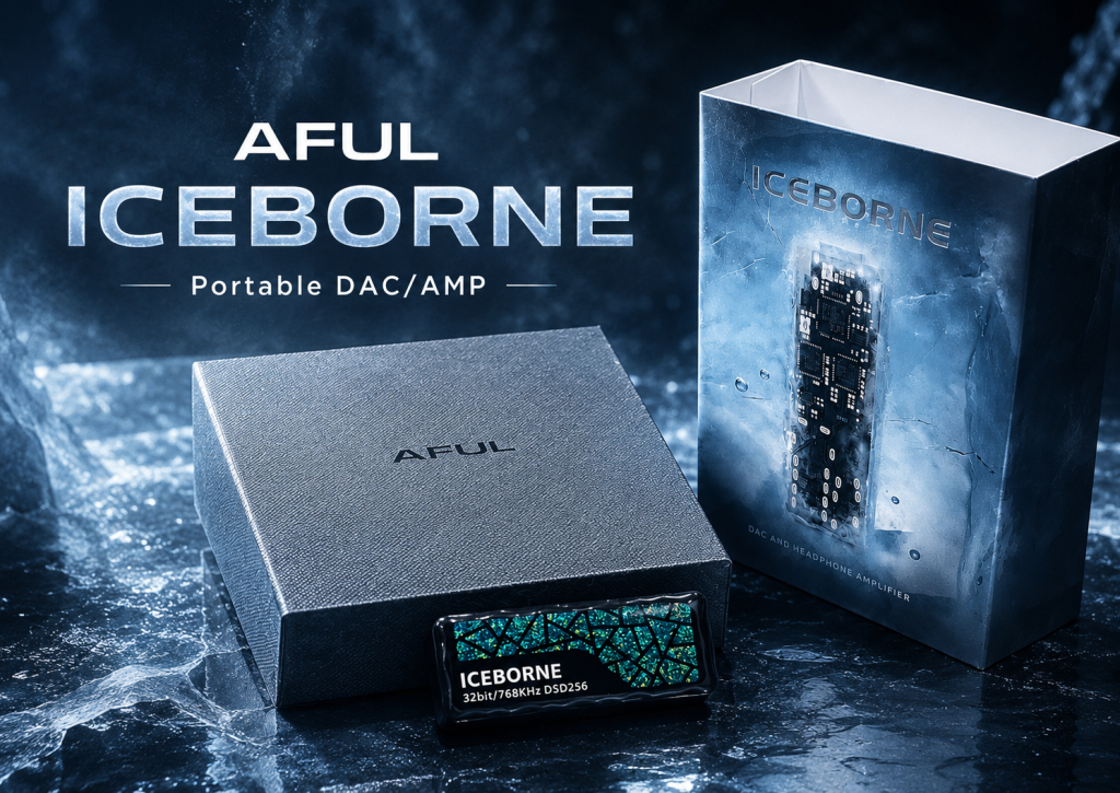 AFUL ICEBORNE Portable DAC/AMP với thiết kế băng giá, hộp sản phẩm và DAC trưng bày trên nền xanh lạnh