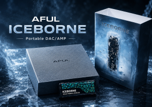 AFUL ICEBORNE Portable DAC/AMP với thiết kế băng giá, hộp sản phẩm và DAC trưng bày trên nền xanh lạnh